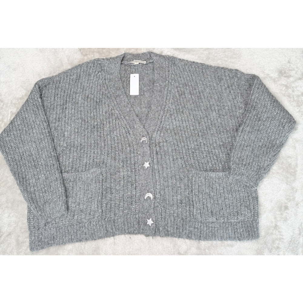 Loft Shimmer Moon & Star Jeweled Button Cardigan Gray Metallic Womens M NWT
